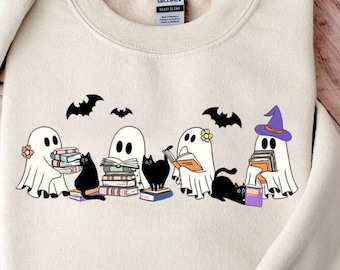Fantasmas con gatos y libros (Png), lindos fantasmas de Halloween (Png), gato amante de los libros (Png), lindo gato fantasma leyendo libros (Png), fantasma leyendo libros (Temporada espeluznante)