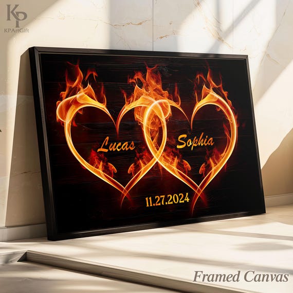 Flaming Heart Couple Canvas, Personalized Names and Date, Romantic