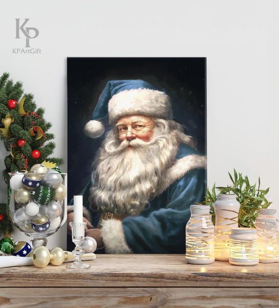 Blue Santa Claus Vintage Oil Painting Canvas, Unique Christmas Art