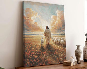 May include: A canvas print depicts a figure in a white robe walking with a lamb and a flock of sheep through a field of flowers. The sky is filled with clouds and sunlight. The artwork is displayed on a wooden cabinet.