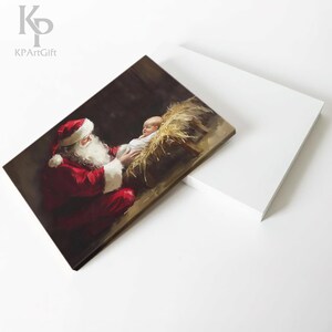 May include: A painting of Santa Claus kneeling beside a baby Jesus in a manger. Santa is wearing a red suit with white trim and a white beard. The baby is lying on a bed of straw. The painting is done in a realistic style.