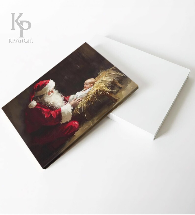 May include: A painting of Santa Claus kneeling beside a baby Jesus in a manger. Santa is wearing a red suit with white trim and a white beard. The baby is lying on a bed of straw. The painting is done in a realistic style.