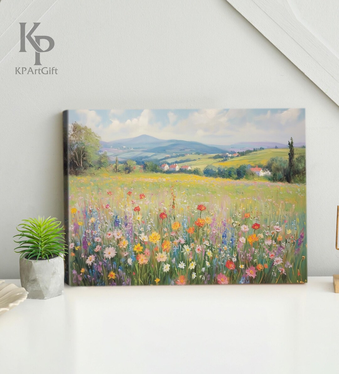 Wildflower Field Oil Painting Canvas, Nature Landscape Wall Art Print ...