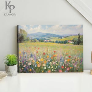 Wildflower Field Oil Painting Canvas, Nature Landscape Wall Art Print, Framed Large Gallery Art, Floral Home Decor