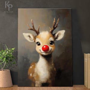 May include: A painting of a cute reindeer with a red nose. The reindeer is looking at the viewer with a friendly expression. The background is a muted gray.