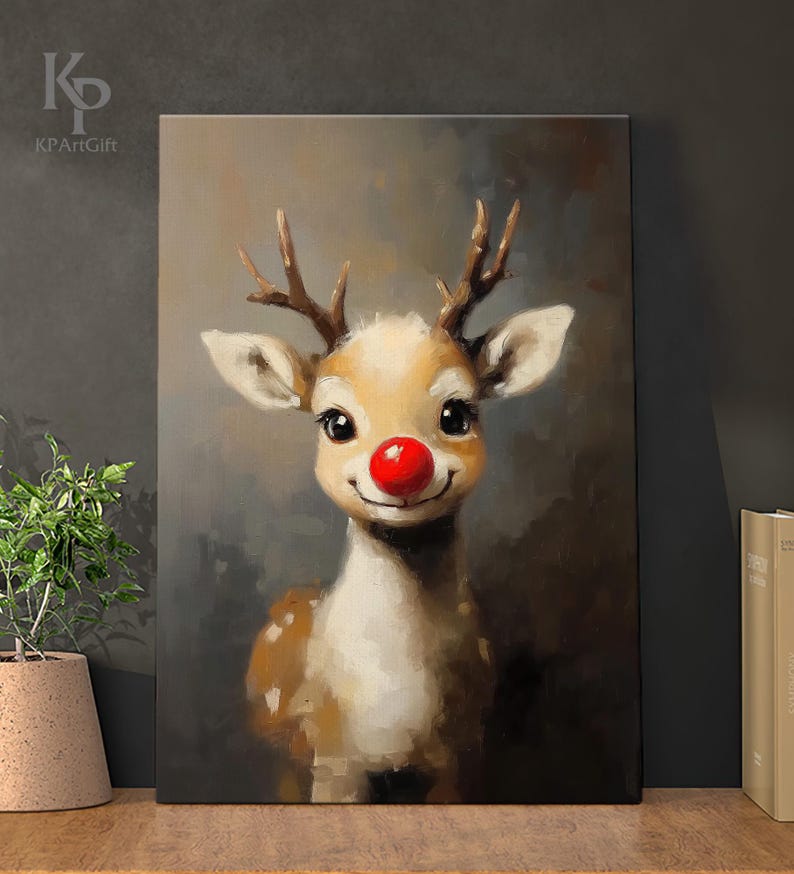 May include: A painting of a cute reindeer with a red nose. The reindeer is looking at the viewer with a friendly expression. The background is a muted gray.