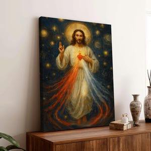 Jesus Divine Mercy Sacred Heart Canvas Art, Catholic Christian Spiritual Fine Art Poster, Mystical Jesus Blessing Painting for Prayer 0711