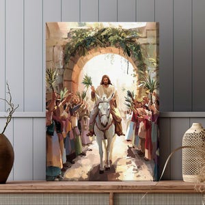 Jesus Riding into Jerusalem Donkey Water Color Painting, Easter Palm Sunday Holy Week, Christian Wall Art Canvas Gift 2025 for Mom Nb 0254