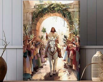 Jesus Riding into Jerusalem Donkey Water Color Painting, Easter Palm Sunday Holy Week, Christian Wall Art Canvas Gift 2025 for Mom Nb 0254