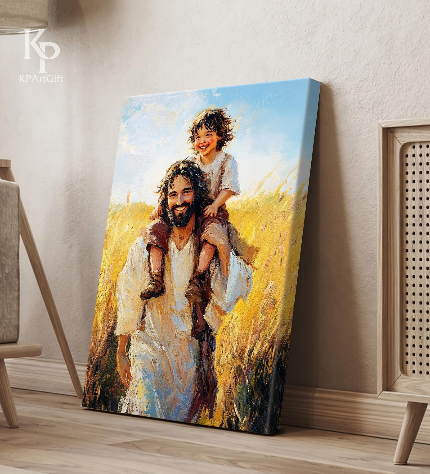 Jesus With Child on Shoulders Canvas, Joyful Christian Art, Jesus and ...