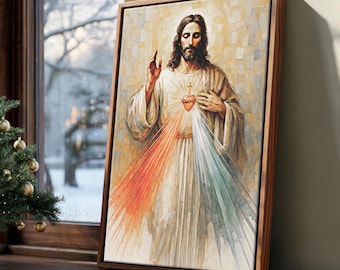 The Divine Mercy of Jesus Canvas, Christian Wall Art, Sacred Heart Jesus Painting for Prayer Room or Religious, Watercolor Catholic 0513c
