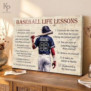 May include: A canvas print featuring a baseball player holding a bat, with the text "Baseball Life Lessons" at the top. The player wears a navy blue jersey with "JAMES 99" on the back. The print includes 12 life lessons.