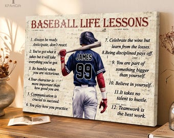 Personalized Baseball Life Lessons Canvas with Custom Name and Number – Inspirational Wall Art for Players and Fans Nb 0056