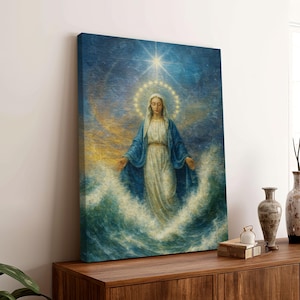 Blessed Virgin Mary Star of the Sea Canvas, Catholic Marian Devotion, Holy Light & Ocean Waves Inspirational Christian, Spiritual 0738
