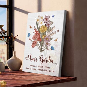 Custom Mom’s Garden Canvas, Personalized Birth Flower Family Name, Flowers and Butterfly Bouquet, Mother’s Day Gift 2025 for Mom Nb 0343