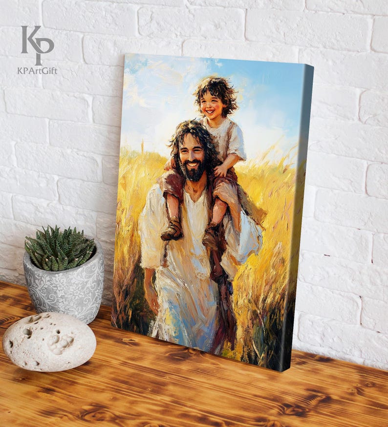Jesus With Child on Shoulders Canvas, Joyful Christian Art, Jesus and ...
