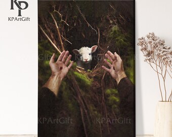 Jesus Rescues Lost Lamb Canvas, Jesus Good Shepherd, Loss Lamb, Jesus Left the 99 To Rescue one, Lost Sheep, Jesus Leaves the 99 Art Canvas