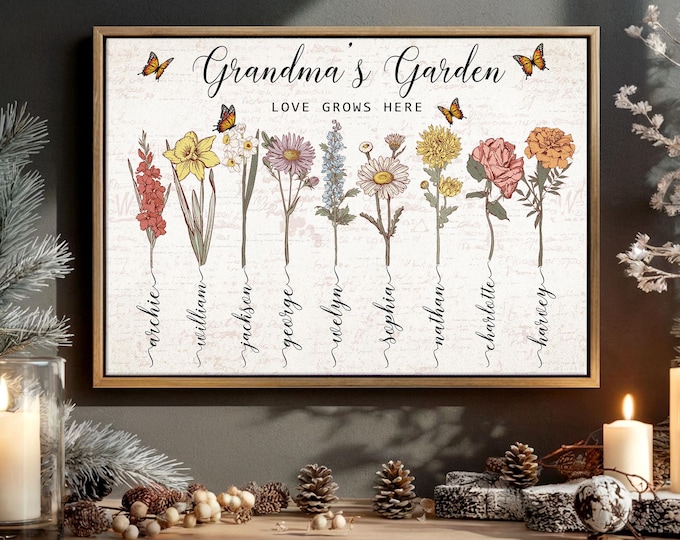 Personalized Grandma's Garden Birth Flower, Love Grows Here Sign Canvas, Custom Flower Names Wall Art  Gift for Mom Mother's Day Nb 0245