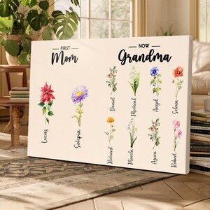 Custom Mom to Grandma Birth Flower Canvas, Personalized Family Name Floral, Mother’s Day Gift for Mom Grandma, Family Name Sign Nb 0016C