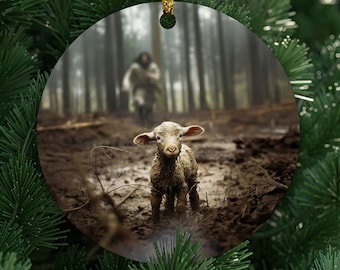 Lost Lamb Ornament, Jesus Running After a Lost Lamb Ornament, Jesus Lamb of God, Jesus and Lamb No Words, Jesus and Lamb Art Ornament 2023