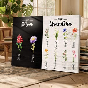 Personalized Mom to Grandma Canvas, Custom Family Birth Month Flower Names Wall Art, Mother’s Day Gift for Grandma Mom, Floral Name Nb 0016