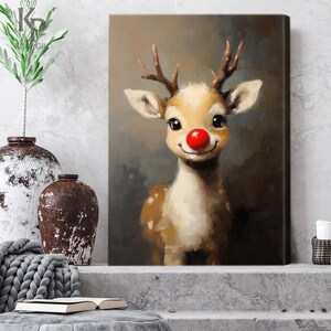 May include: A painting of a cartoon reindeer with a red nose. The reindeer is brown and white with a light brown background.