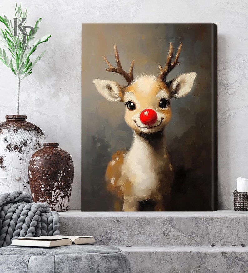 May include: A painting of a cartoon reindeer with a red nose. The reindeer is brown and white with a light brown background.
