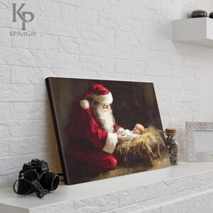 May include: A painting of Santa Claus in a red suit with a white beard, kneeling beside a baby in a manger. The baby is wearing a white robe and has a halo above its head. The painting is set against a dark background.