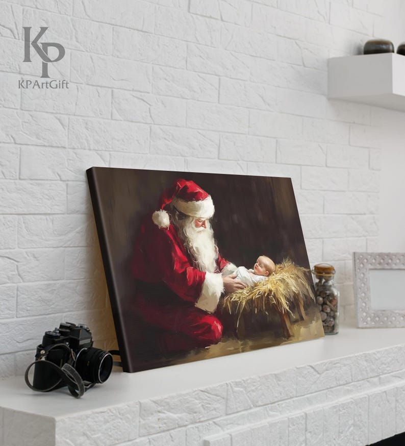 May include: A painting of Santa Claus in a red suit with a white beard, kneeling beside a baby in a manger. The baby is wearing a white robe and has a halo above its head. The painting is set against a dark background.