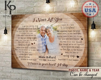 May include: A wooden canvas print with a brown woodgrain background and a circle in the center. The circle contains a photo of an older couple and a poem that reads "I Never Left You". The poem is about love and loss. The canvas print also includes the text "Diane Ballard 05.11.1945 12.21.2020" and "Forever in your heart I'll stay".