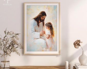Jesus and Little Girl Praying, Modern Christian Art, Jesus Christ with Children, Inspirational Jesus Artwork, Bible Painting, Jesus and Kids