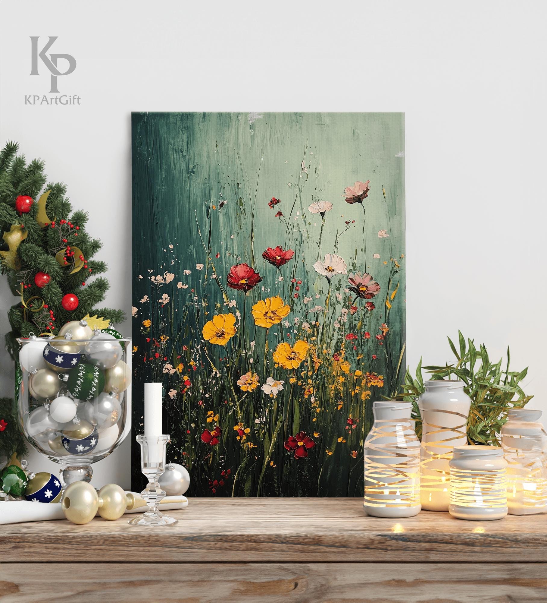 Wildflower Field Framed Wall Art, Vintage Botanical Landscape Canvas ...