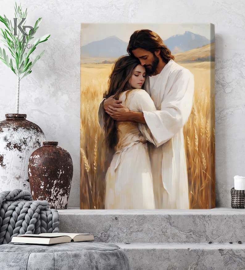 Jesus Hugging Girl Canvas, Healing Embrace, Jesus and Woman Art, Modern