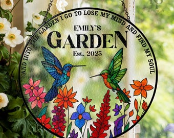 Personalized Stained Glass Suncatcher with Hummingbirds and Flowers, Nature Bird  Custom Garden Name, Colorful Window Hanging Gift Nb 0287