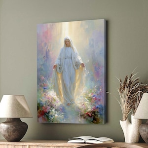 May include: A canvas print depicts a serene figure in a flowing white gown, arms outstretched, bathed in ethereal light. The artwork features soft pastel colors and a floral foreground, creating a peaceful and spiritual ambiance. The image is displayed on a wall.