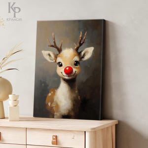 May include: A painting of a reindeer with a red nose. The reindeer is looking at the viewer and has a friendly expression. The background is a dark brown color.
