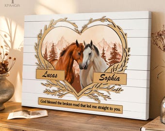 Personalized Horse Couple Canvas – Custom Rustic Wall Art, Western Love Decor, Romantic Anniversary Gift for Couples Nb 0113