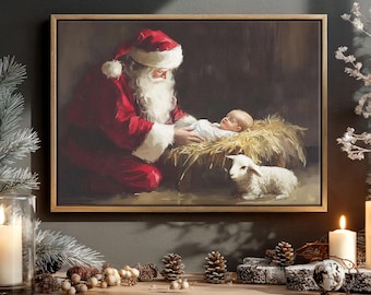 Santa and Baby Jesus Canvas, Christmas Nativity Wall Art, Santa Kneeling by the Manger, Vintage Holiday Decor, Christian Christmas Artwork