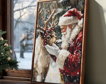 Santa and Reindeer Christmas Canvas Art, 2024 Festive Wall Decor, Rustic Winter Scene for Holiday Home Decoration