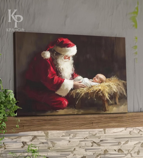 Every Knee Shall Bow Canvas Art, Santa and Baby Jesus, Philippians 2:10, Christian Christmas Decor, Religious Holiday Wall Art