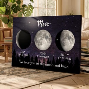 Lienzo personalizado con fases lunares: regalo lunar personalizado para mamá, decoración de noche estrellada con lunas de nacimiento para niños, regalo para el Día de la Madre 2025 N.° 0229