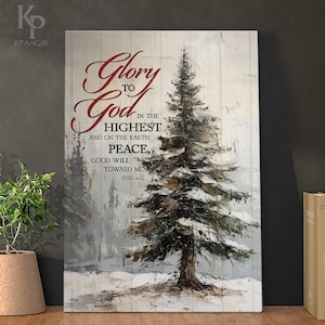 Christmas Tree Canvas Art with Scripture, Peace on Earth, Luke 2:14 Wall Decor, Glory to God, Christian Christmas Decoration