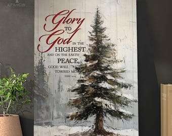 Christmas Tree Canvas Art with Scripture, Peace on Earth, Luke 2:14 Wall Decor, Glory to God, Christian Christmas Decoration