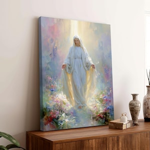 Catholic Wall Art Bundle Mother Mary Set Canvas, Virgin Mary Spiritual Gallery, Modern Christian Home Decor with Bible Verse Luke 1:46 0752
