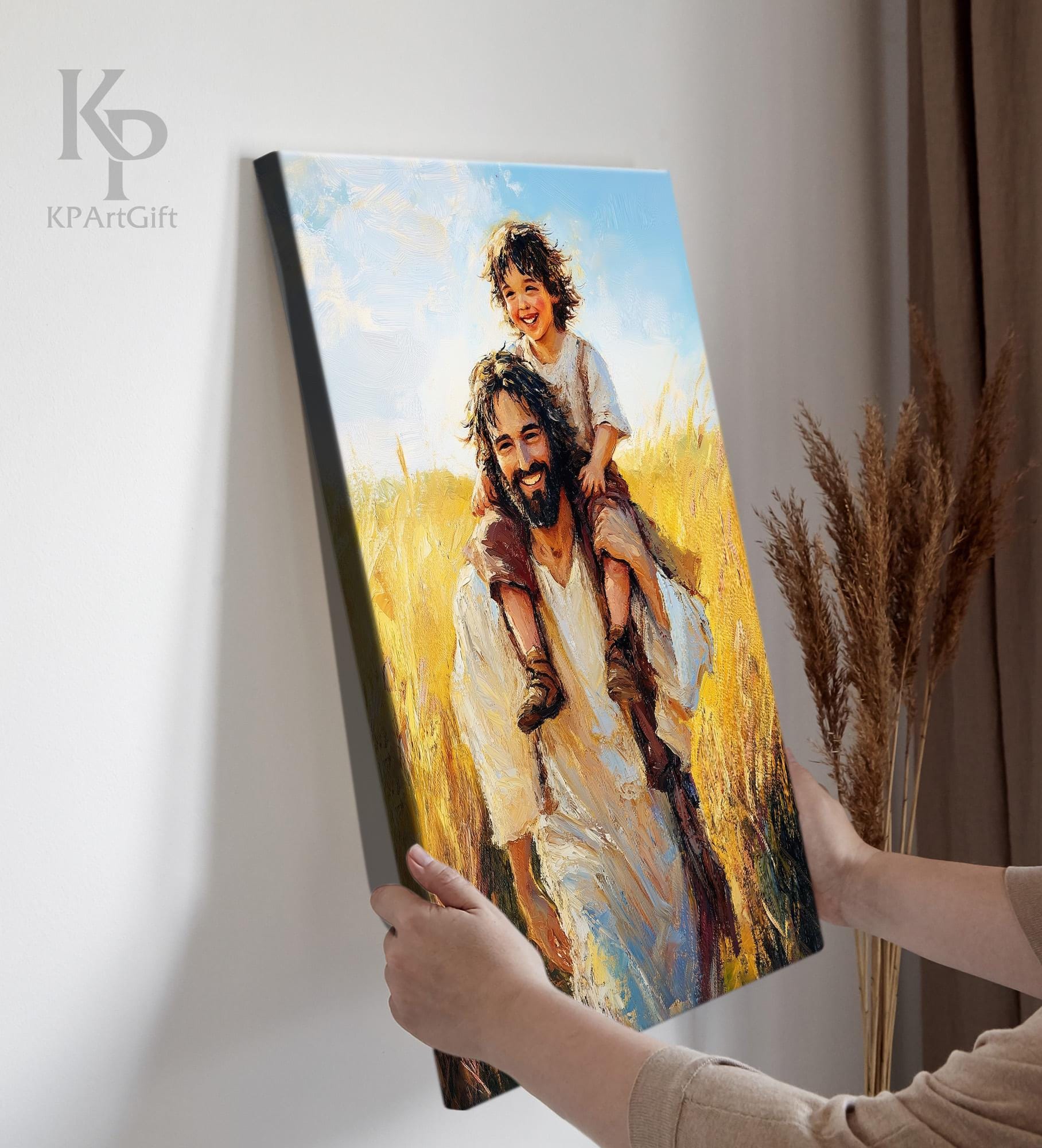 Jesus With Child on Shoulders Canvas, Joyful Christian Art, Jesus and ...