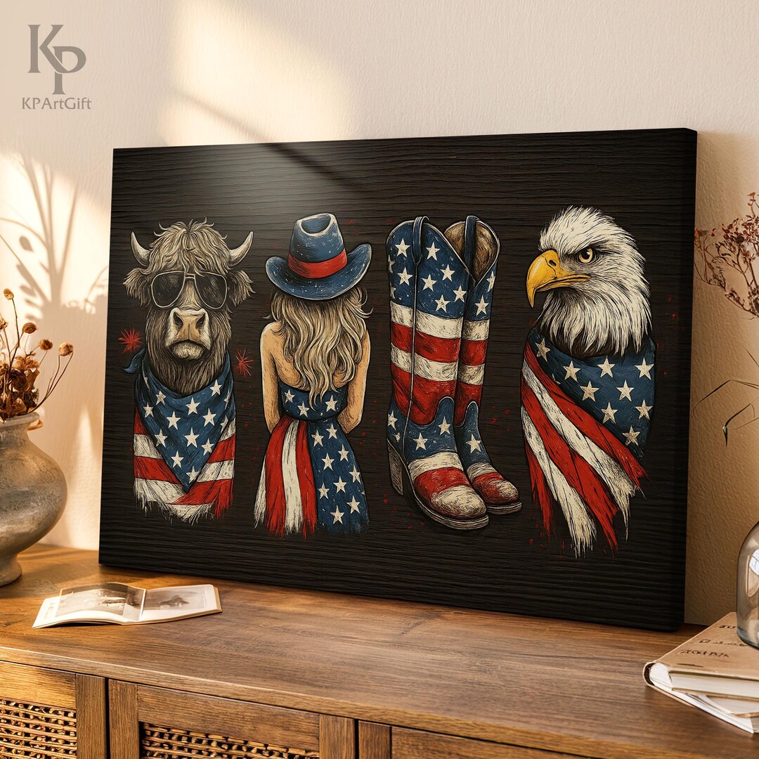 Patriotic Farmhouse, Western 4th of July Canvas, American Flag Cowboy ...