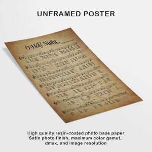 May include: A vintage-style poster featuring the sheet music for the Christmas carol "O Holy Night". The poster has a brown background with black text and musical notation.