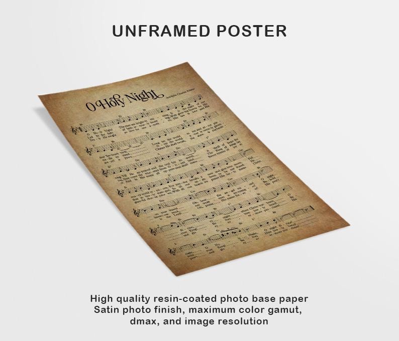 May include: A vintage-style poster featuring the sheet music for the Christmas carol "O Holy Night". The poster has a brown background with black text and musical notation.