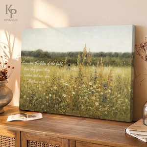 Matthew 6:28 Bible Verse Canvas Wall Art, Christian Pastoral Field Flowers, Faith-Based Scripture Poster, Consider The Lilies Gift 0602