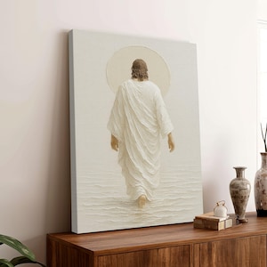 Jesus Walking on Water Religious Art Canvas, Faith-Based Christian, Spiritual Artwork of Christ Walking Away, Textured Linen-Style 0610